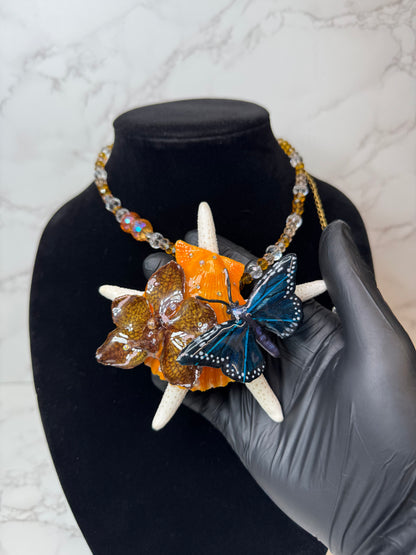Jessy Real Starfish, Fake Butterfly & Preserved Flower Necklace | Convertible Hair Clip | Handmade Ocean & Botanical Jewelry
