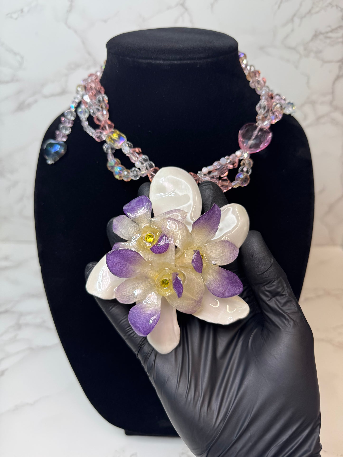 Diana Three Real Preserved Orchids & White Plumeria Necklace| Handmade Botanical Jewelry | Floral Art