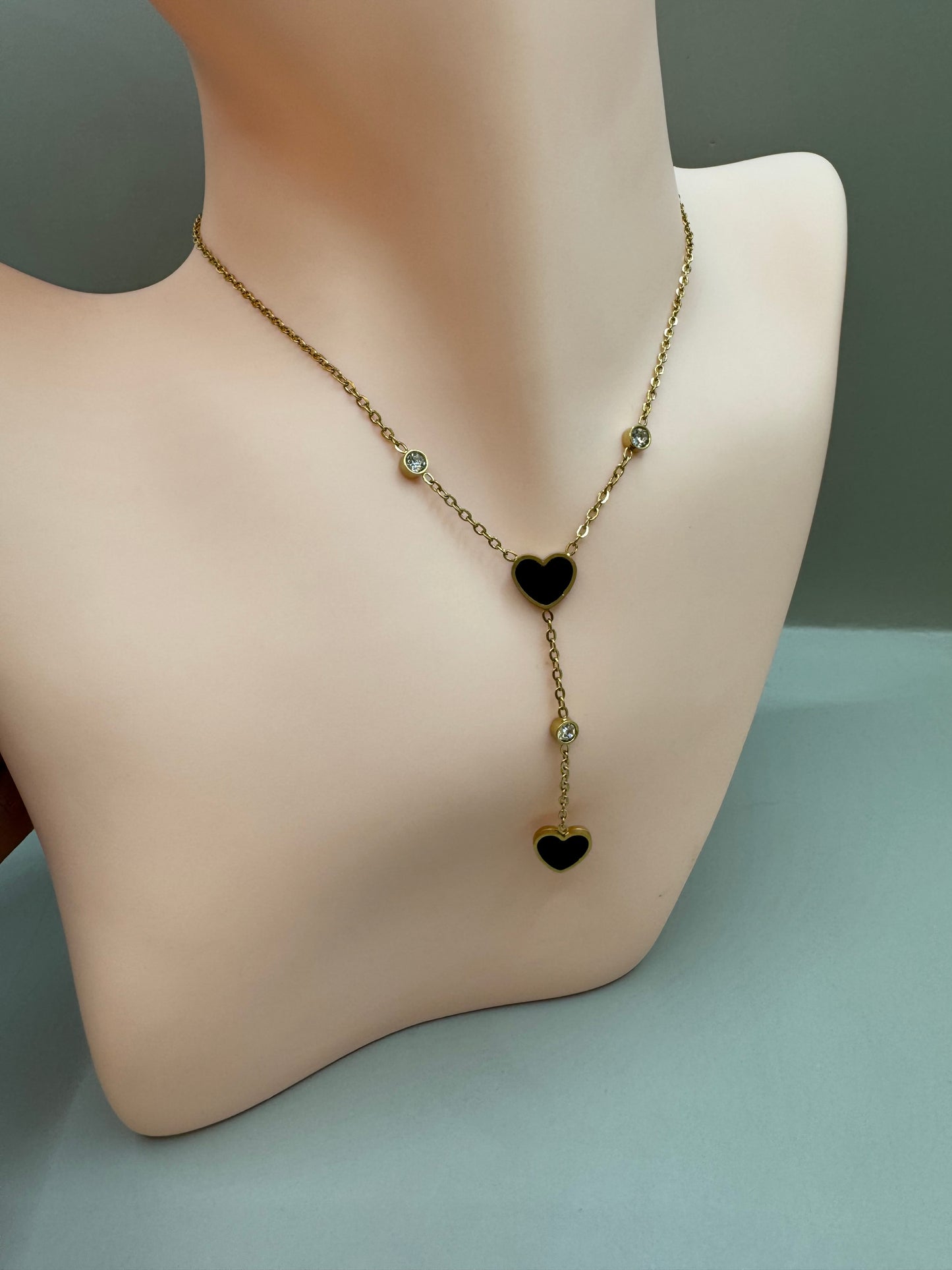 18K Gold Plated Stainless Steel Heart Lariat Necklace & Stud Earrings, Black Jewelry Set