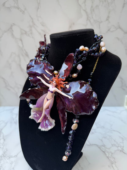Selene- LIMITED EDITION – NYFW EXHIBITION PIECE Real Midnight Dark Red & Black Cattleya Orchid Necklace with Female Figure, Black Crystal and Freshwater Pearl Necklace