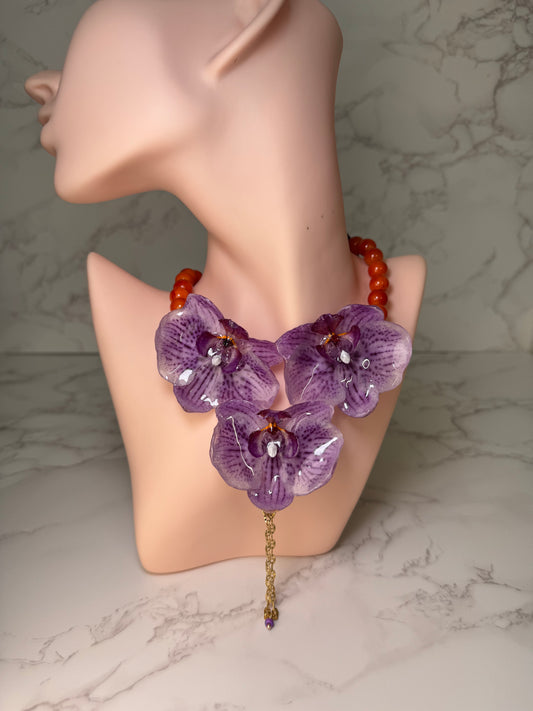 Triple Big Purple Orchid Necklace - Real Orchid Necklace – Natural Flower Preserved in Resin