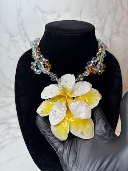 Lucy White & Yellow Clear Plumeria Flowers Crystal Necklace | Handmade Floral Jewelry
