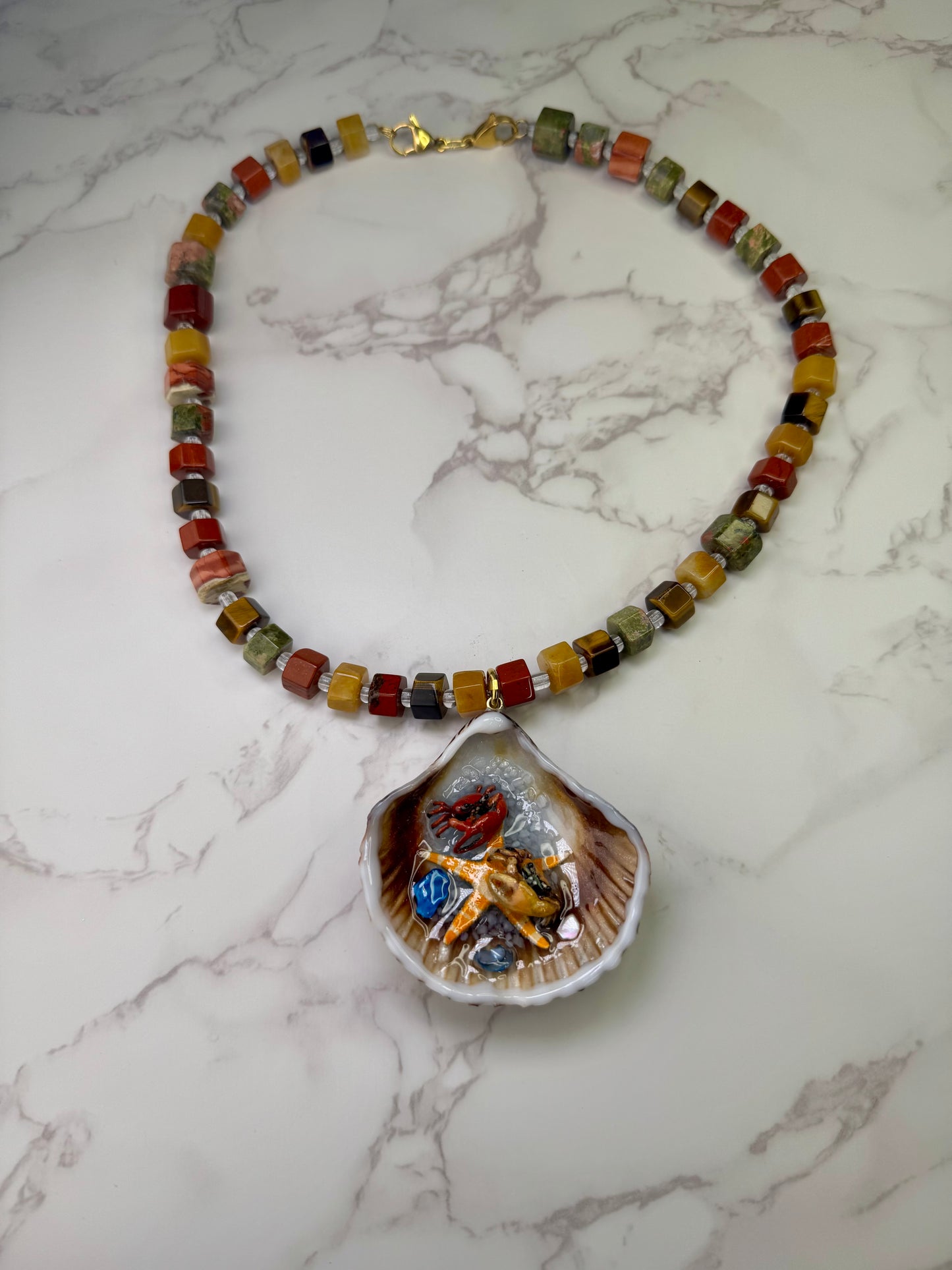 Red and yellow Crab  Crab  Shell Necklace - Encapsulated in Real Shell with UV Resin