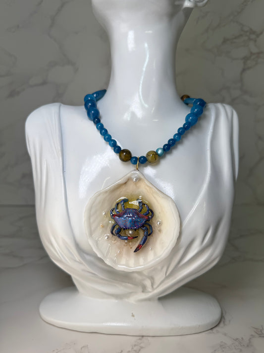 Blue Crab with Red Accents Shell Necklace - Encapsulated in Real Shell with UV Resin