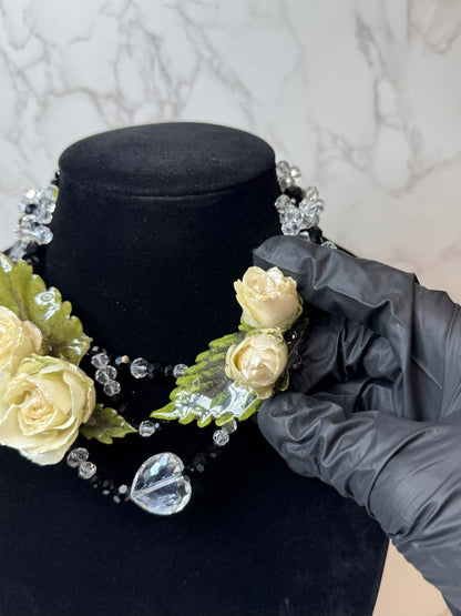 Angela Eternal Rose – Real White Roses in UV Resin & Clear And Black Crystal Necklace | Handmade Floral Jewelry | Made in USA