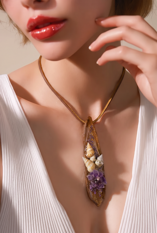 Natural green Leaf Preserved in resin with flowers with Beautiful Scarf & leather necklace