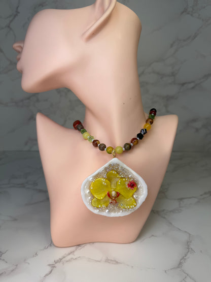 Seaside Orchid Glow Natural seashell with a miniature yellow real orchid flower inside Natural Flower Preserved in Resin Beautiful Stonep-Crystals Necklace