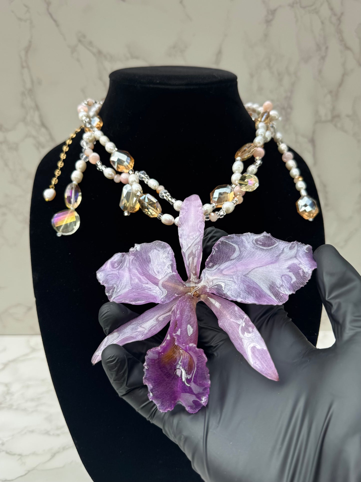 Blush Lavender Cattleya Natural Purple Cattleya Orchid Necklace – Freshwater Pearls & Crystal Beads