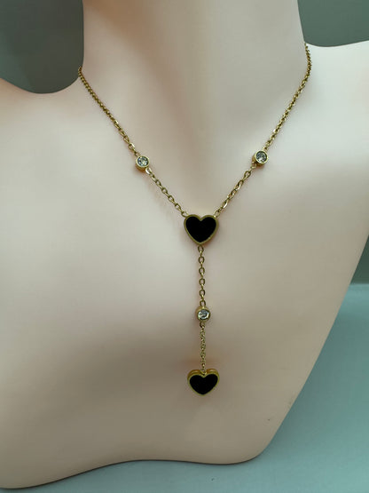 18K Gold Plated Stainless Steel Heart Lariat Necklace & Stud Earrings, Black Jewelry Set