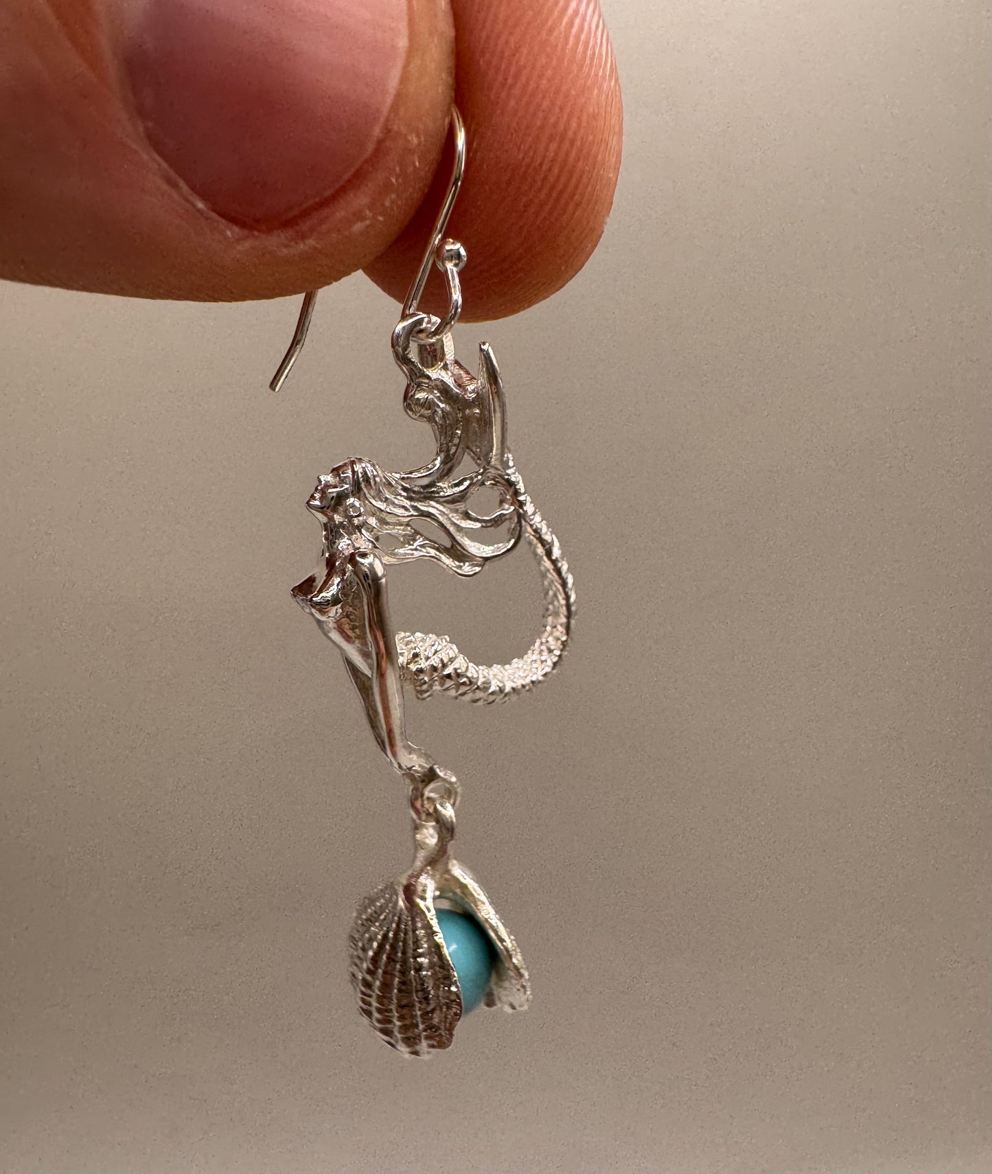 Mermaid Dangle Earrings with Pearl in the Shell for Women, Handcrafted in 925 Sterling Silver, Made in USA