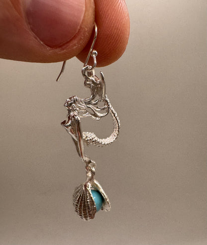 Mermaid Dangle Earrings with Pearl in the Shell for Women, Handcrafted in 925 Sterling Silver, Made in USA