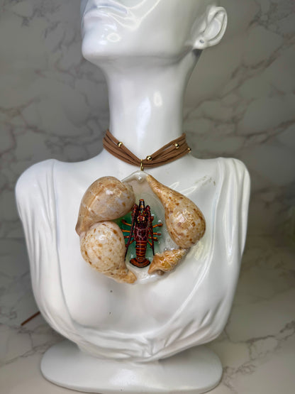 Coastal Lobster Haven Natural seashell centerpiece with a handmade craft metal  realistic lobster inside preserved in clear UV resin Beautiful long triple Fabric necklace