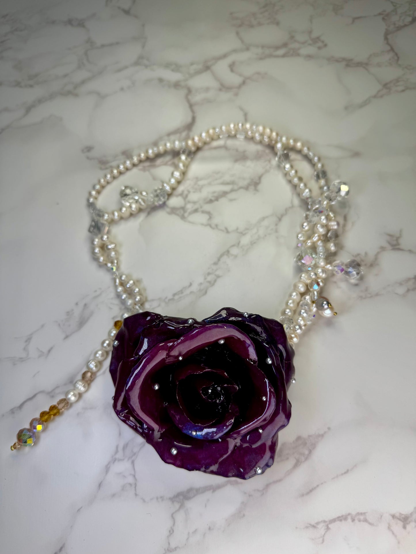 Scarlet Handmade Real Red Rose Necklace | Preserved Flower Jewelry with Freshwater Pearls & Crystal Beads | Made in USA