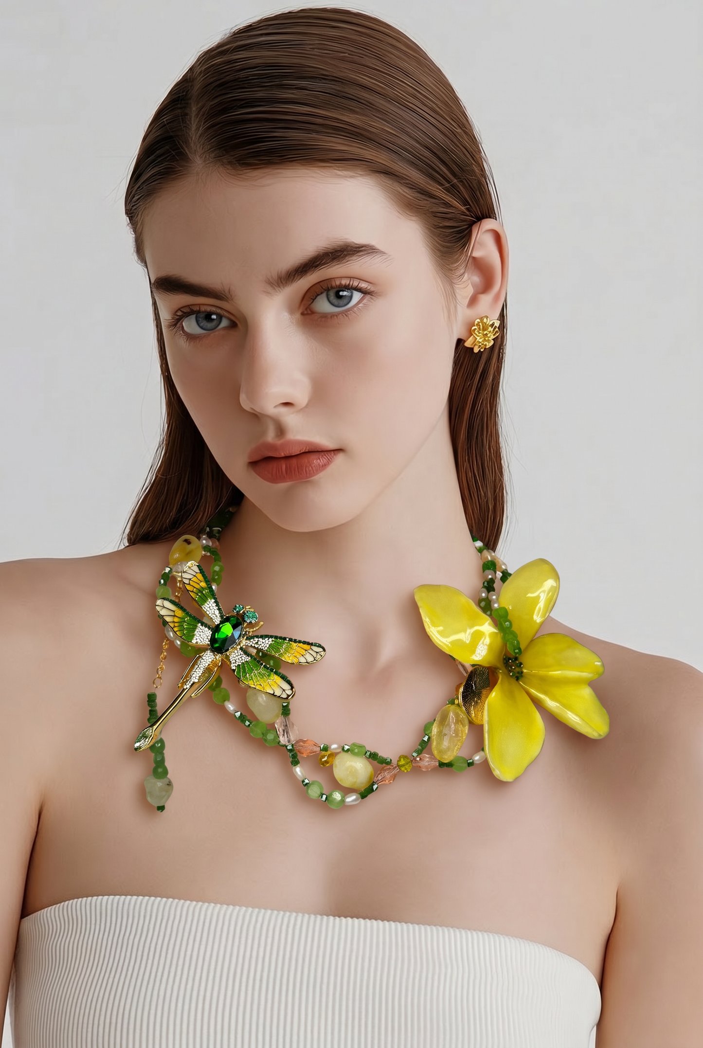 Dalia Golden Dragonfly Yellow Plumeria with Dragonfly – Clear Crystal Necklace | Handmade Floral Jewelry