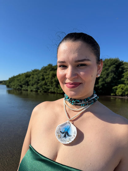 Velarion– LIMITED EDITION – NYFW EXHIBITION PIECE Handmade Natural Seashell Necklace with Giant Dark Manta Ray, Crystal and Stone Ocean Background, Translucent Black Marbled Glass Beads and Crystal Pearls