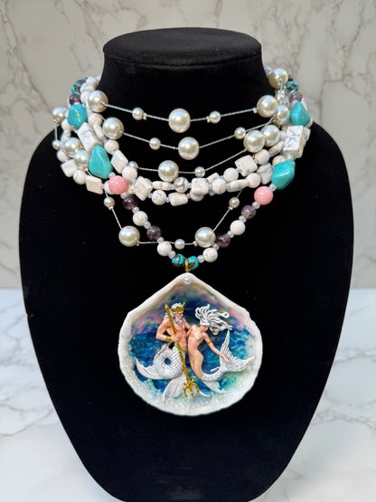 Maris & Thalios LIMITED EDITION – NYFW EXHIBITION PIECE Handmade Seashell Necklace with White-Haired Mermaid and Triton, Blue Crystal Accents and White & Blue Crystal Pearl Necklace