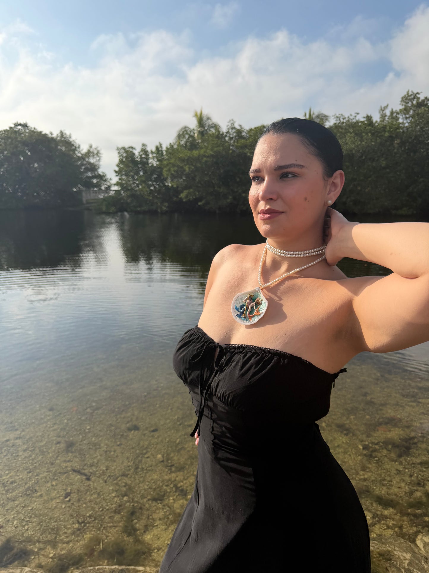 The Ocean King & The Coral Flame Mermaids– Guardians of the Deep Mermaid & Triton Natural Shell Necklace – Long Crystal Pearl Triple Wrap Beaded Jewelry