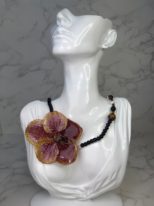 Long Brown & Yellow Orchid Necklace
