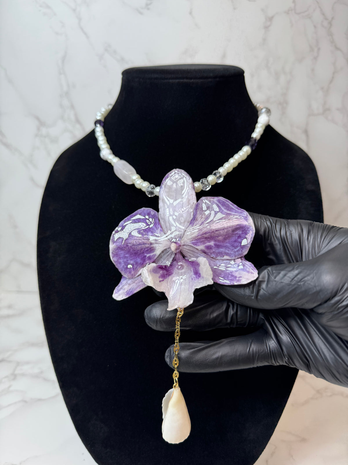 Mila  Purple & White Real Orchid Necklace | Handmade Flower Jewelry | Botanical Statement Pendant