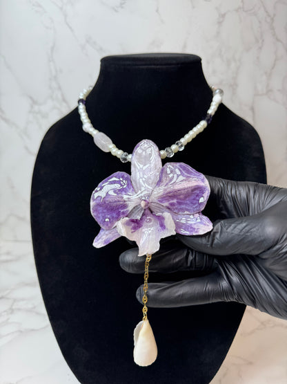 Mila  Purple & White Real Orchid Necklace | Handmade Flower Jewelry | Botanical Statement Pendant