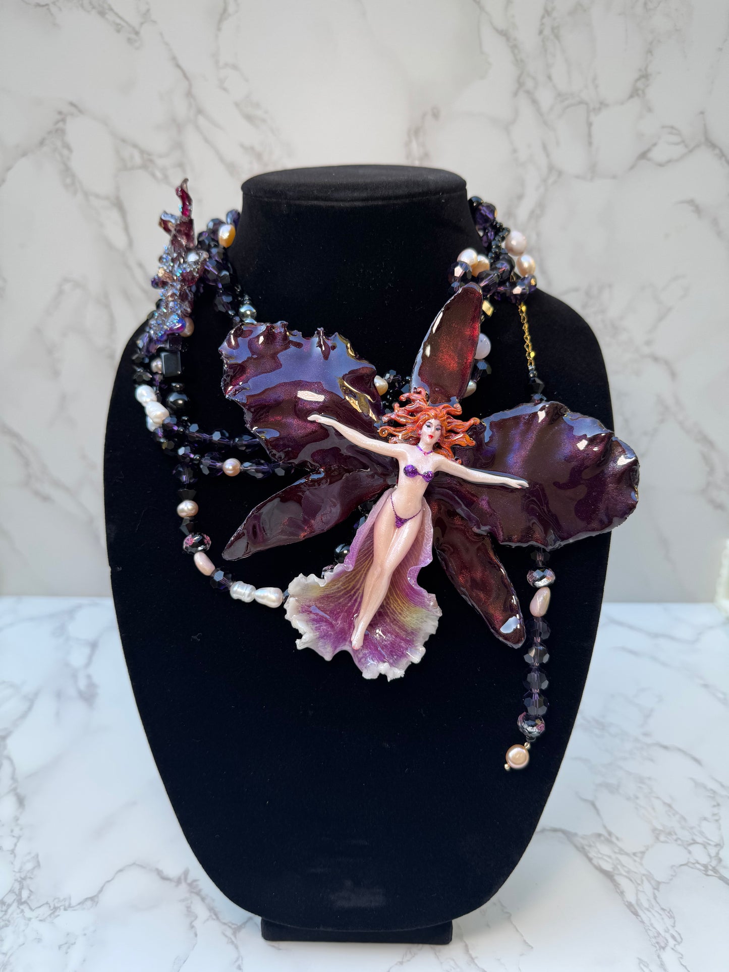 Selene- LIMITED EDITION – NYFW EXHIBITION PIECE Real Midnight Dark Red & Black Cattleya Orchid Necklace with Female Figure, Black Crystal and Freshwater Pearl Necklace