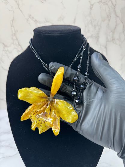 Crimson Spotted Golden Cattleya Mini Yellow Cattleya Orchid Necklace – Long Black Crystal Double Wrap Necklace