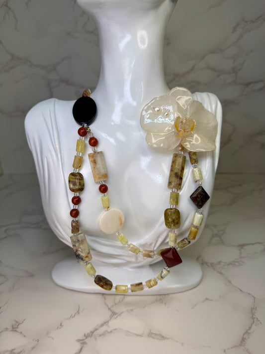 Pearl Dawn Orchid Natural Flower Preserved in Resin White real orchid flower centerpiece with tiny pearls Paired with a beautiful double beige and crimson stones - glasses crystal necklace