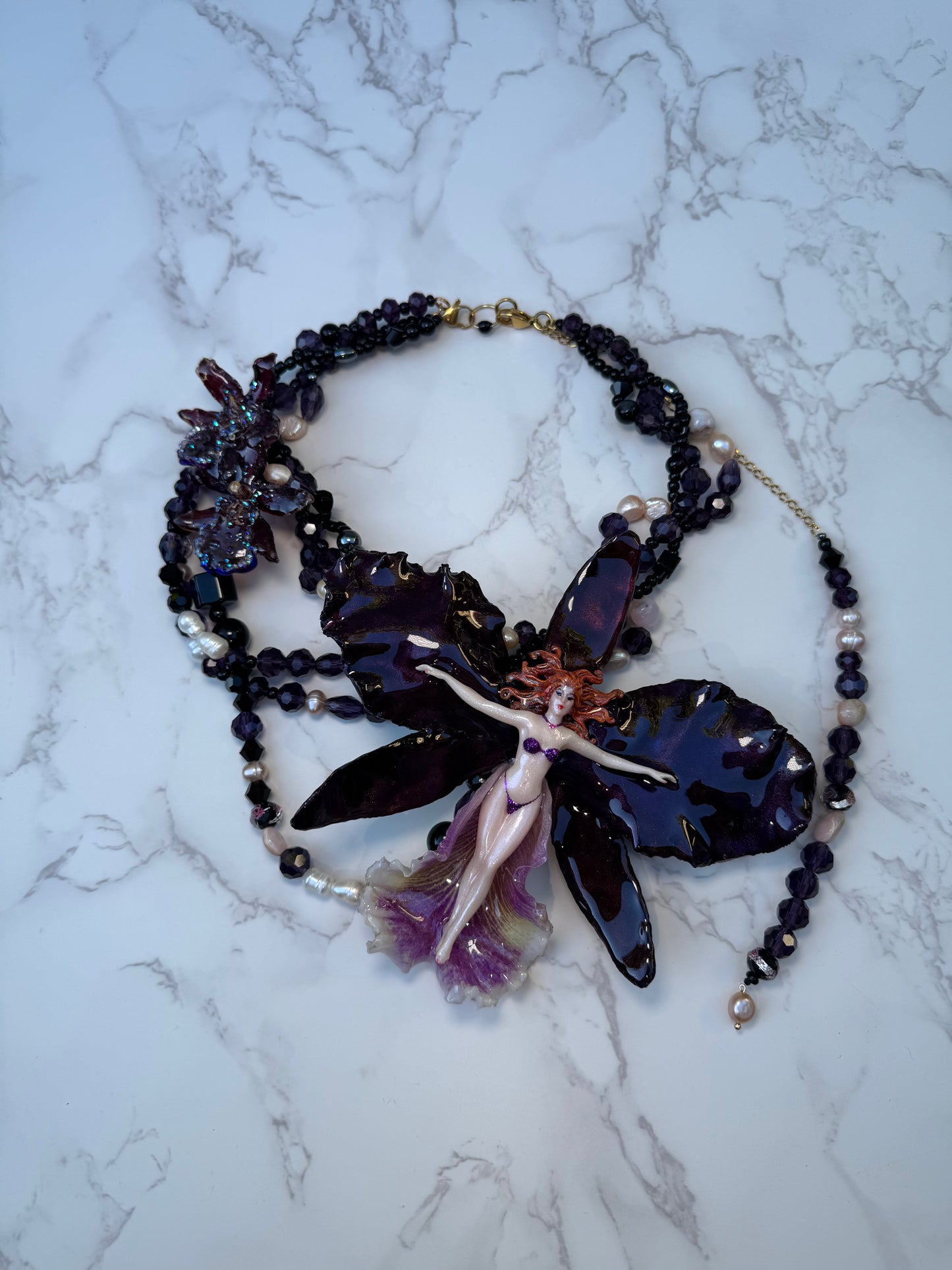 Selene- LIMITED EDITION – NYFW EXHIBITION PIECE Real Midnight Dark Red & Black Cattleya Orchid Necklace with Female Figure, Black Crystal and Freshwater Pearl Necklace