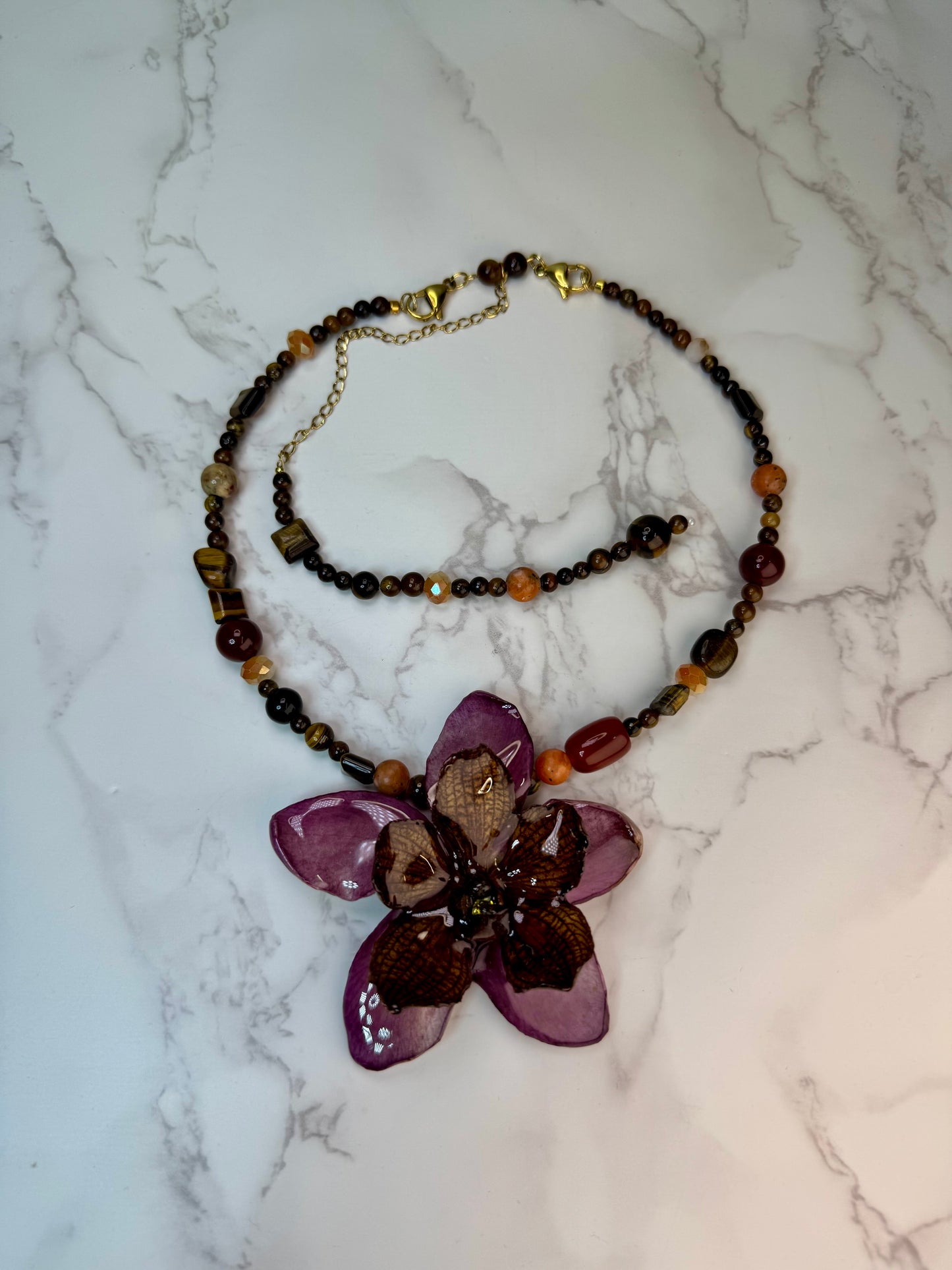 Camellia Real Preserved Orchids & Plumeria Necklace| Handmade Botanical Jewelry | Floral Art