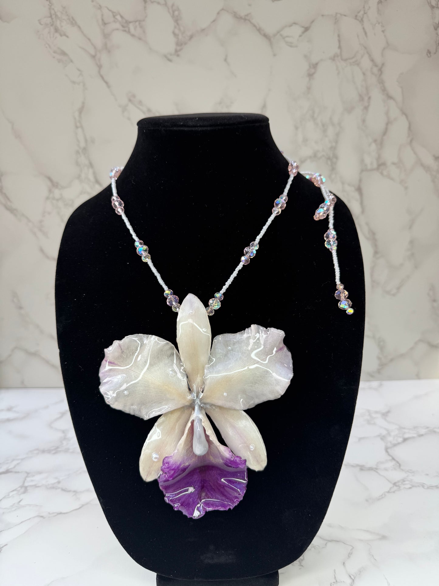 Blush Crystal Cattleya White & Light Purple Cattleya Orchid Necklace – Clear & Pink Crystal Beaded Jewelry