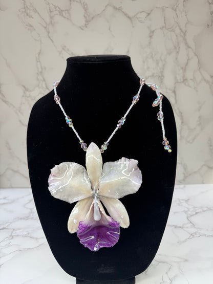 Blush Crystal Cattleya White & Light Purple Cattleya Orchid Necklace – Clear & Pink Crystal Beaded Jewelry