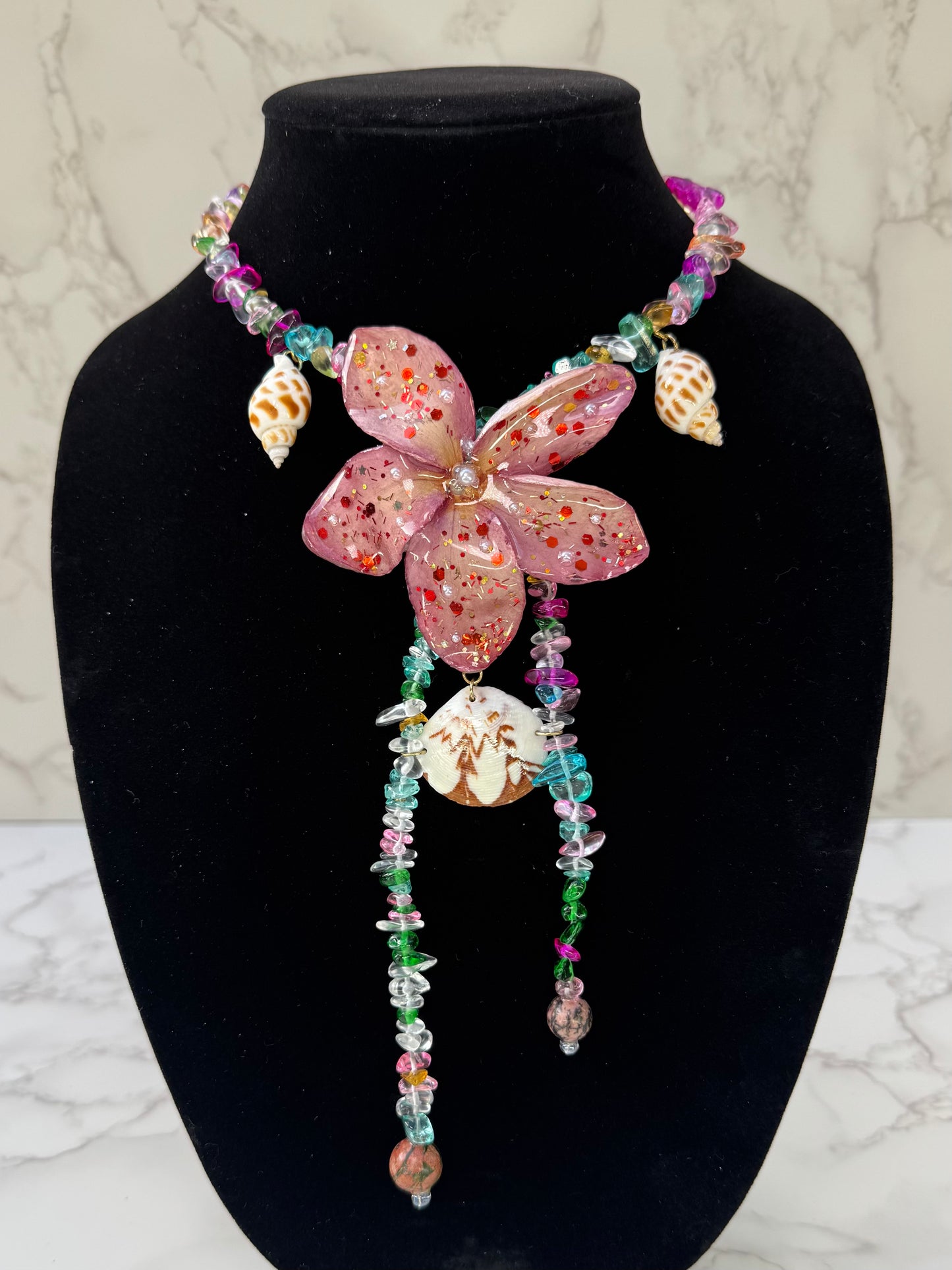 Coral Spark Plumeria Flower Necklace with Seashell Charms – Mini Crystal Beaded Jewelry