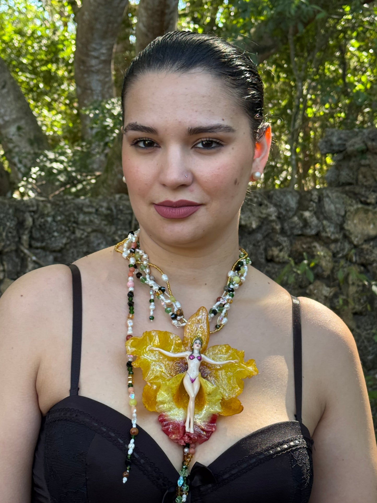Helia – LIMITED EDITION – NYFW EXHIBITION PIECE Handmade Real Yellow Orchid Art Necklace with Hand-Carved Female Figure, Freshwater Pearls and Multitone Crystal Details