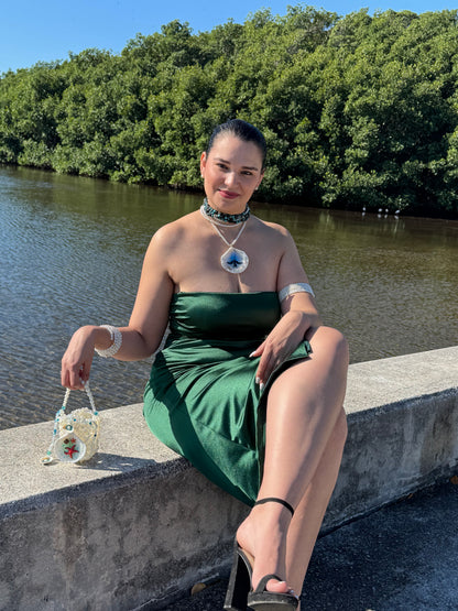 Velarion– LIMITED EDITION – NYFW EXHIBITION PIECE Handmade Natural Seashell Necklace with Giant Dark Manta Ray, Crystal and Stone Ocean Background, Translucent Black Marbled Glass Beads and Crystal Pearls