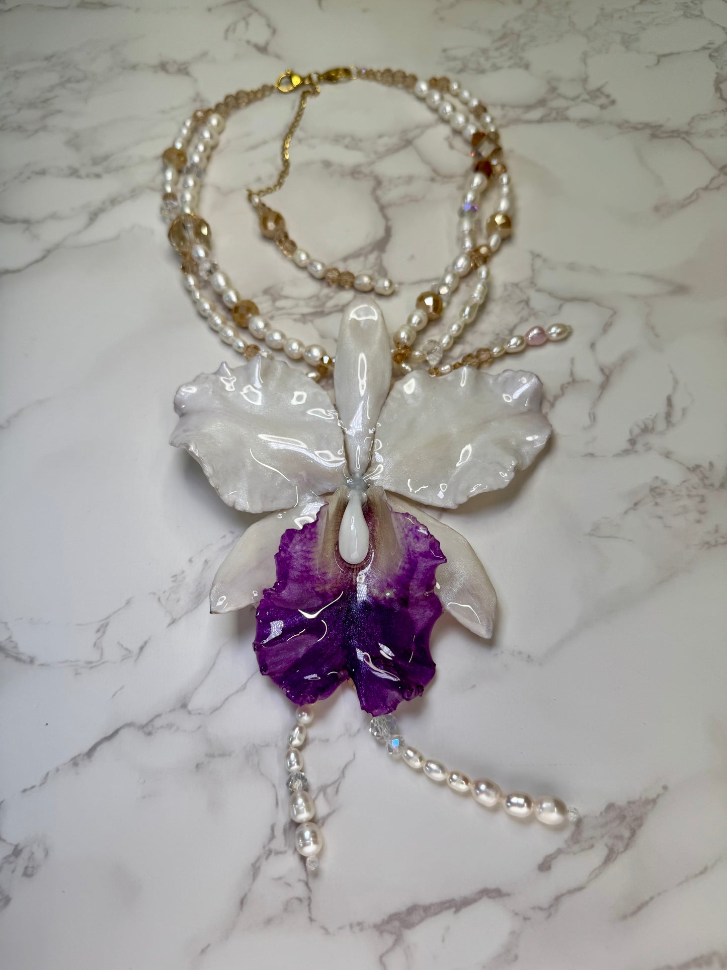 Real Cattleya Orchid Crystal Necklace | Handmade Flower Jewelry | Botanical Statement Pendant