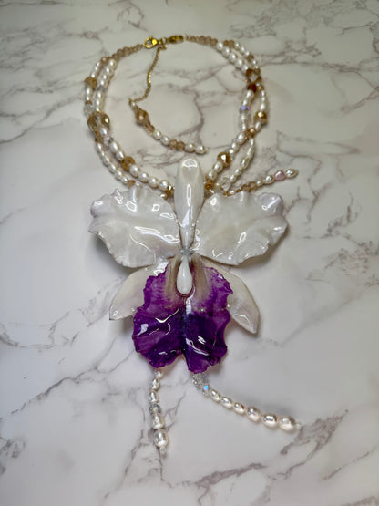 Real Cattleya Orchid Crystal Necklace | Handmade Flower Jewelry | Botanical Statement Pendant