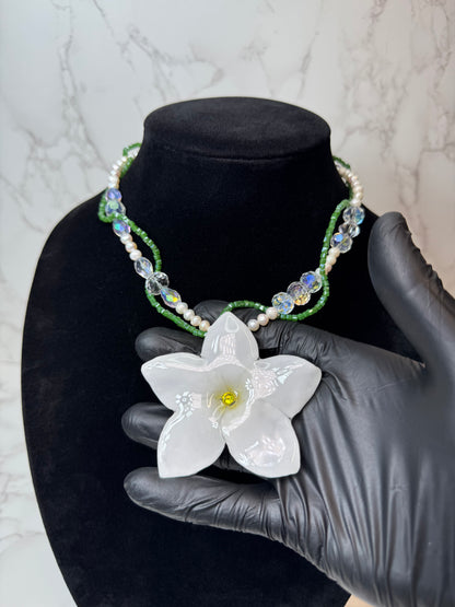 Sweet White Clear Plumeria Flowers Crystal Necklace | Handmade Floral Jewelry