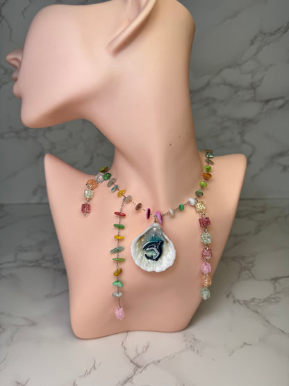 Rainbow Reef Hunter Tiny natural seashell featuring a miniature shark and multicolored glass rock beads (red, green, yellow, blue) encapsulated in clear UV resin stainless steel chain.