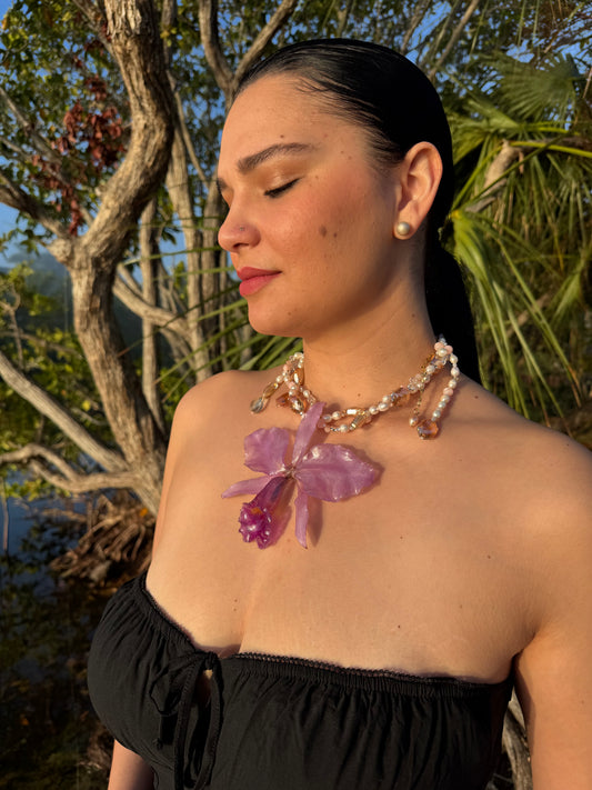 Blush Lavender Cattleya Natural Purple Cattleya Orchid Necklace – Freshwater Pearls & Crystal Beads