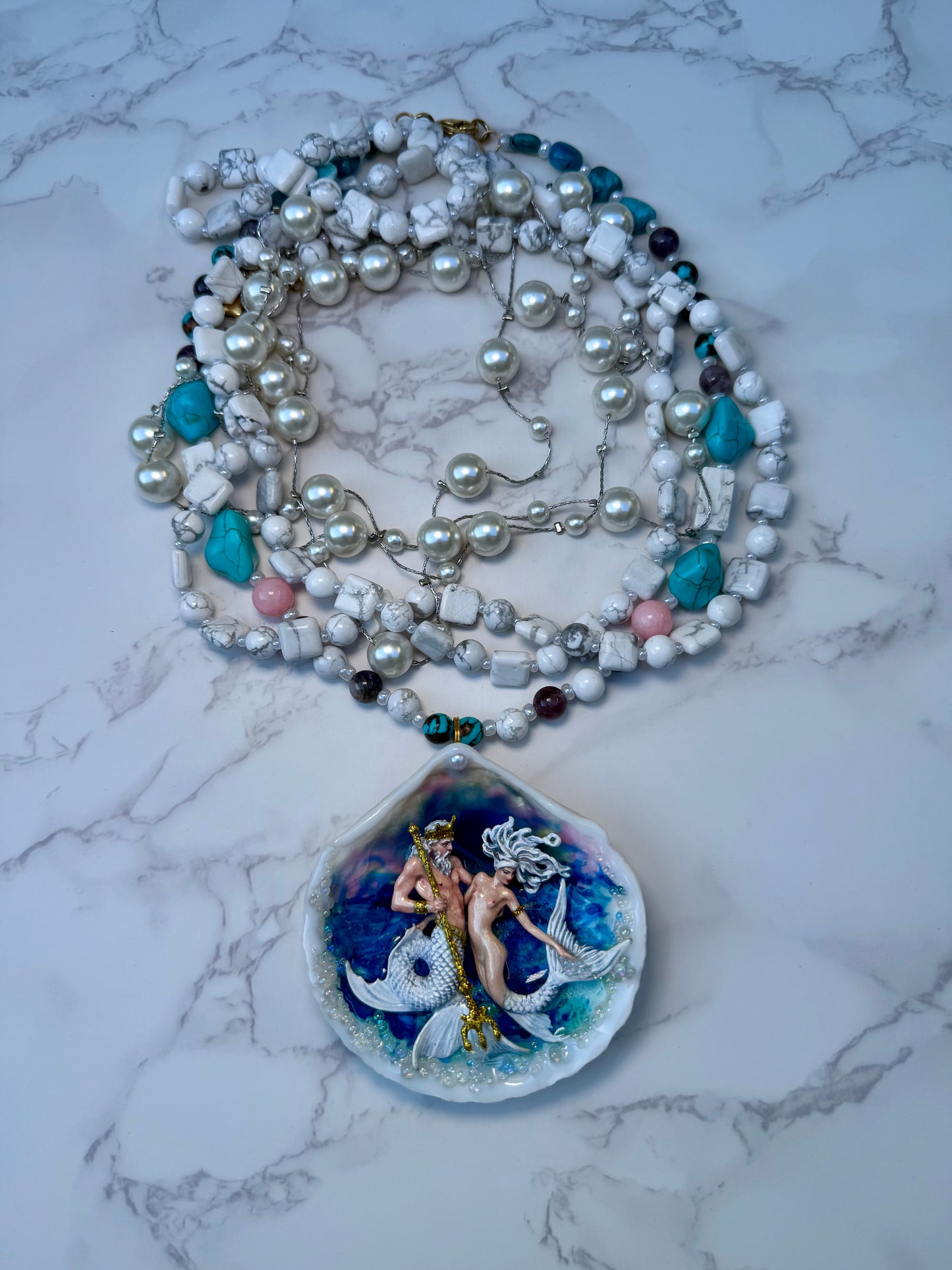 Maris & Thalios LIMITED EDITION – NYFW EXHIBITION PIECE Handmade Seashell Necklace with White-Haired Mermaid and Triton, Blue Crystal Accents and White & Blue Crystal Pearl Necklace