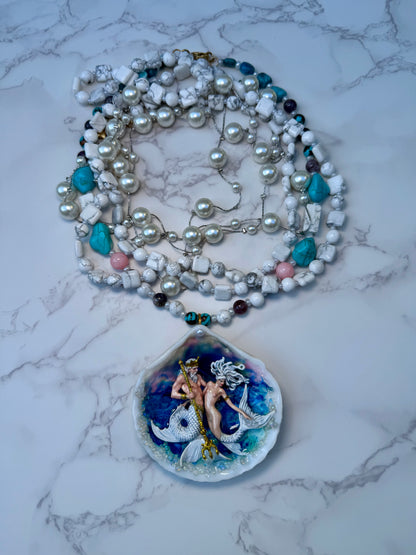 Maris & Thalios LIMITED EDITION – NYFW EXHIBITION PIECE Handmade Seashell Necklace with White-Haired Mermaid and Triton, Blue Crystal Accents and White & Blue Crystal Pearl Necklace