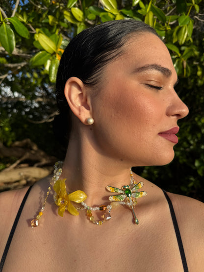 Golden Orchid Dragonfly Necklace
