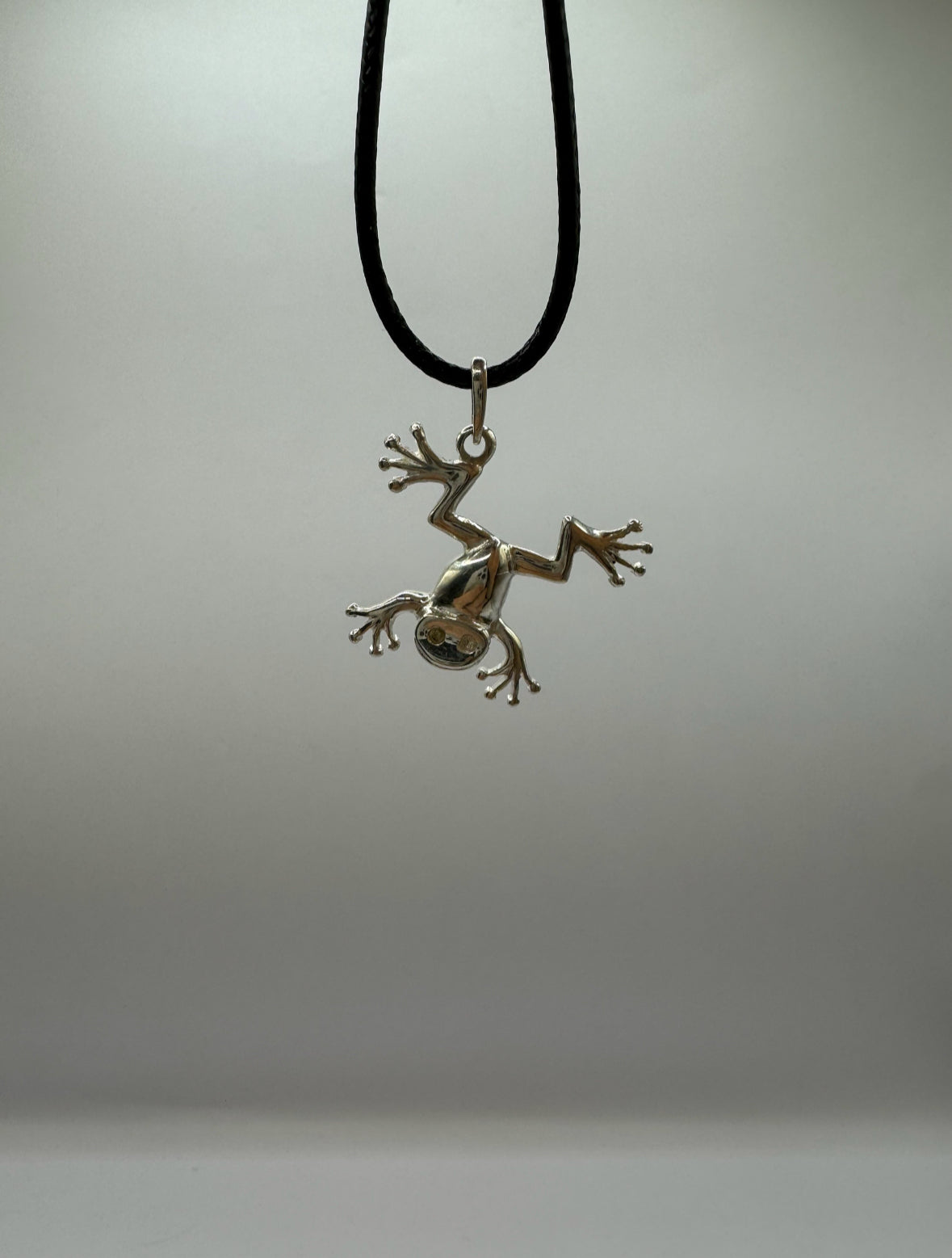 Mini Hanging Tree Frog Necklace Crafted in 925 Sterling Silver, 3D Pendant Jewelry Gift for Women, Handmade in USA, with Black Waxed Cord