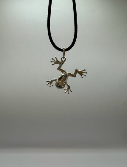 Mini Hanging Tree Frog Necklace Crafted in 925 Sterling Silver, 3D Pendant Jewelry Gift for Women, Handmade in USA, with Black Waxed Cord