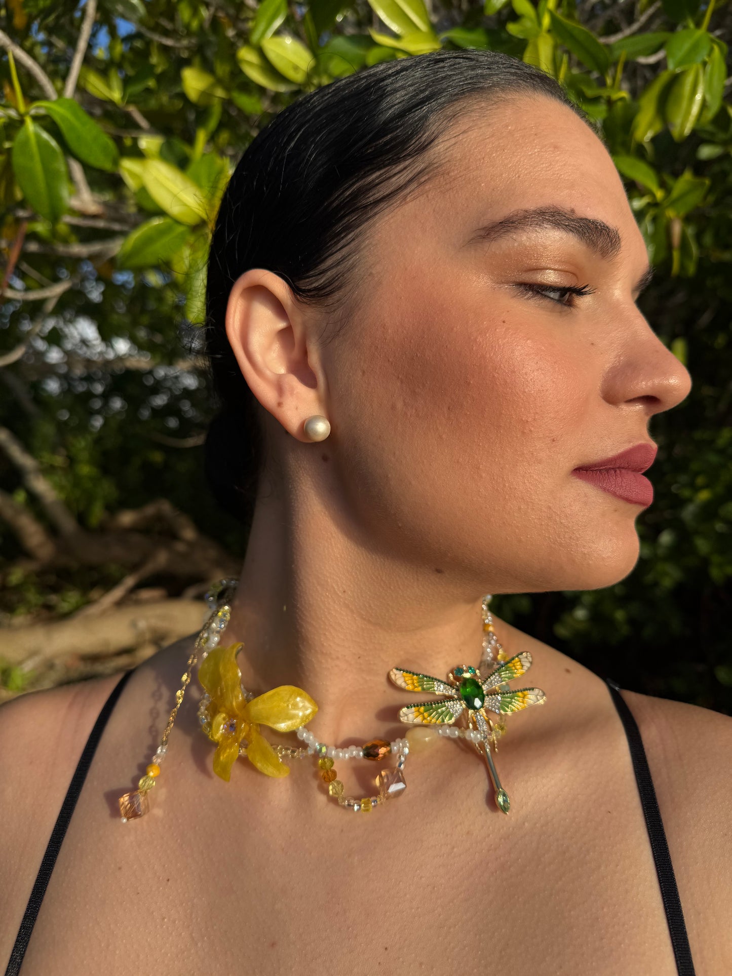Golden Orchid Dragonfly Necklace