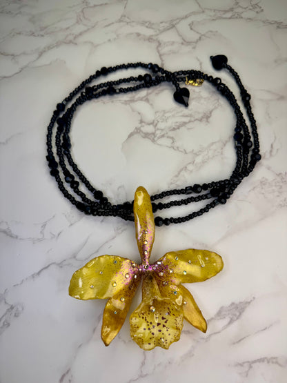 Milagro Handmade Real Yellow Orchid Necklace | Black Crystal Bead Jewelry | Resin Flower Pendant | Made in USA