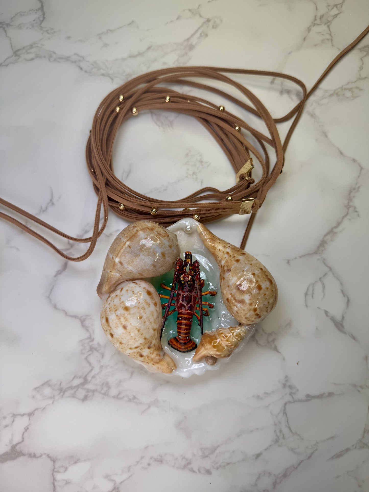 Coastal Lobster Haven Natural seashell centerpiece with a handmade craft metal  realistic lobster inside preserved in clear UV resin Beautiful long triple Fabric necklace