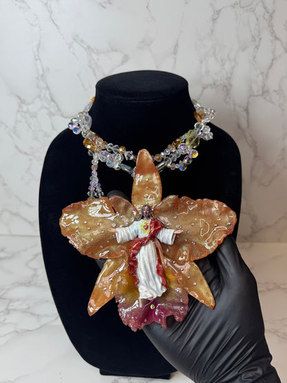 Handmade Jesus Figure Resin UV|Orange Real Cattleya Orchid Necklace