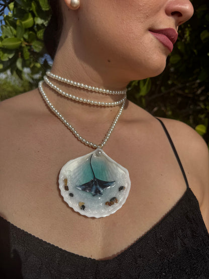 The Ocean Spirit – Manta Ray of Light and Grace Beautiful metal handmade craft manta ray preserved in UV resin. Beautiful extra large glass pearls necklace