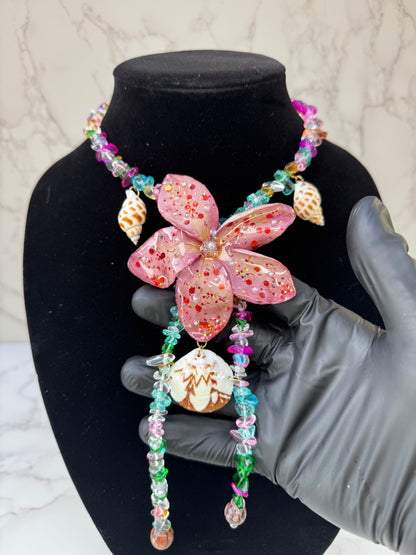 Coral Spark Plumeria Flower Necklace with Seashell Charms – Mini Crystal Beaded Jewelry
